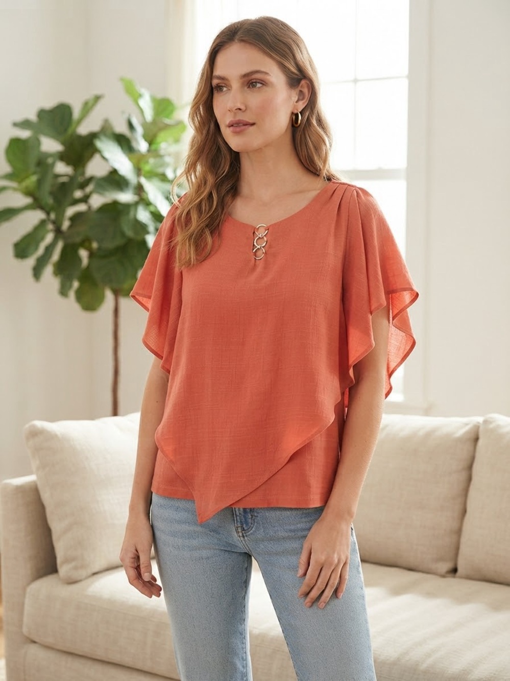 Apt. 9 Coral Flutter-Sleeve Blouse with Ring Accent